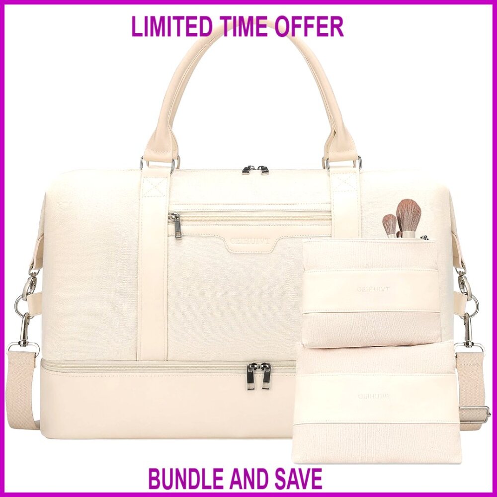 Large Travel Duffel Bag with Shoe Compartment, PU Leather and Canvas